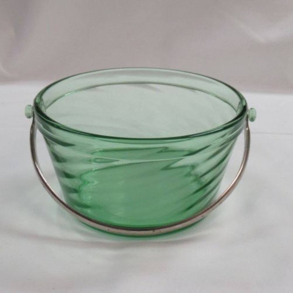 Fostoria Glass Green Spiral Optic 4 1/2 Inch Whipped Cream Pail, Chrome Handle